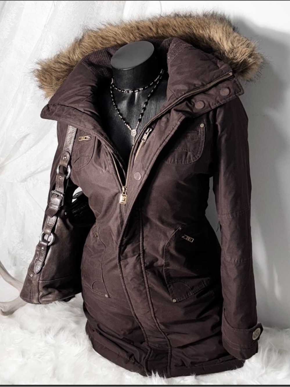 TNA Dark Brown Fur Trim Hooded Puffer Coat